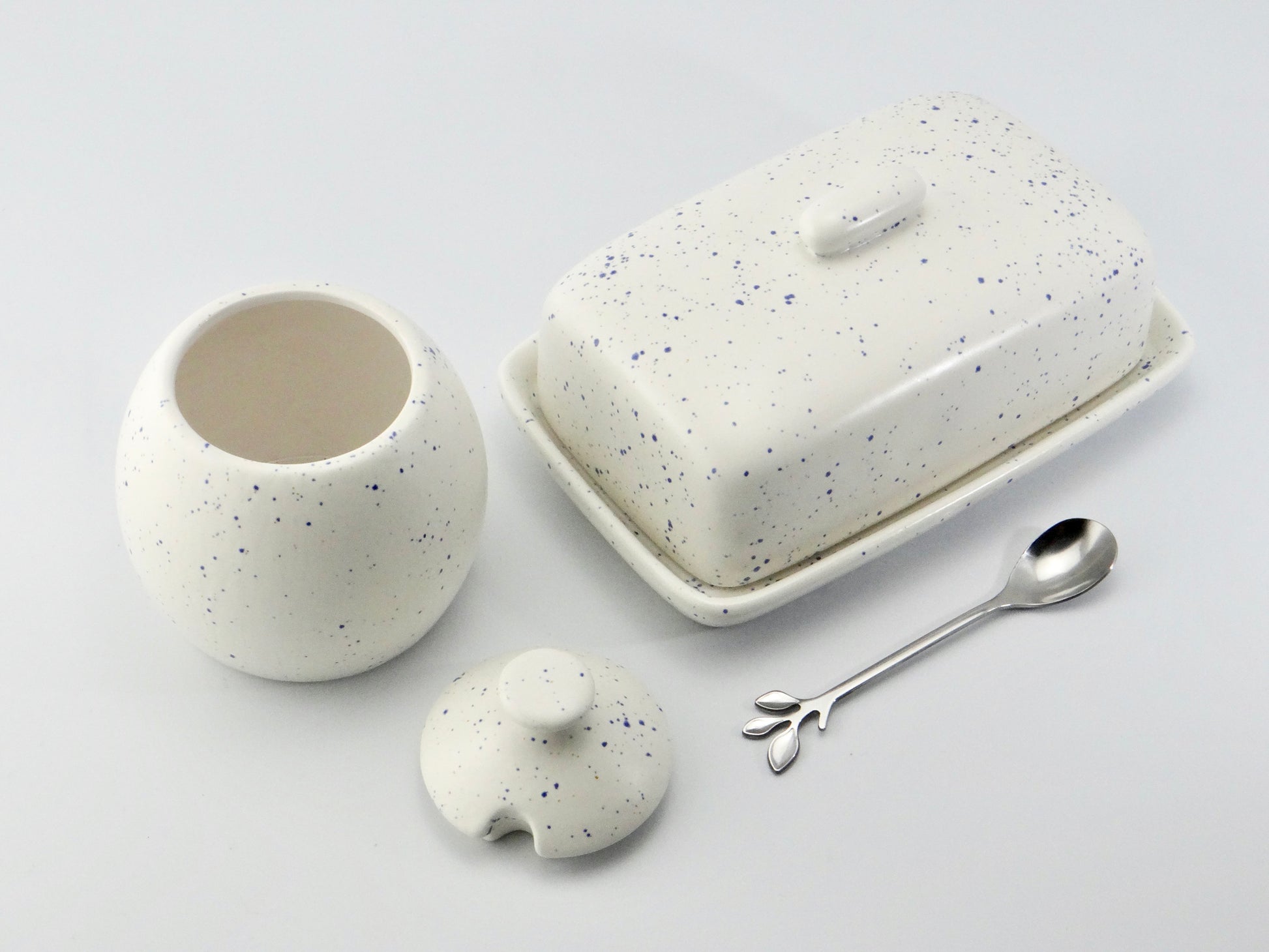 Butter Dish and Sugar Bowl Set - Light Blue Speckled Glaze - PeterBowenArt