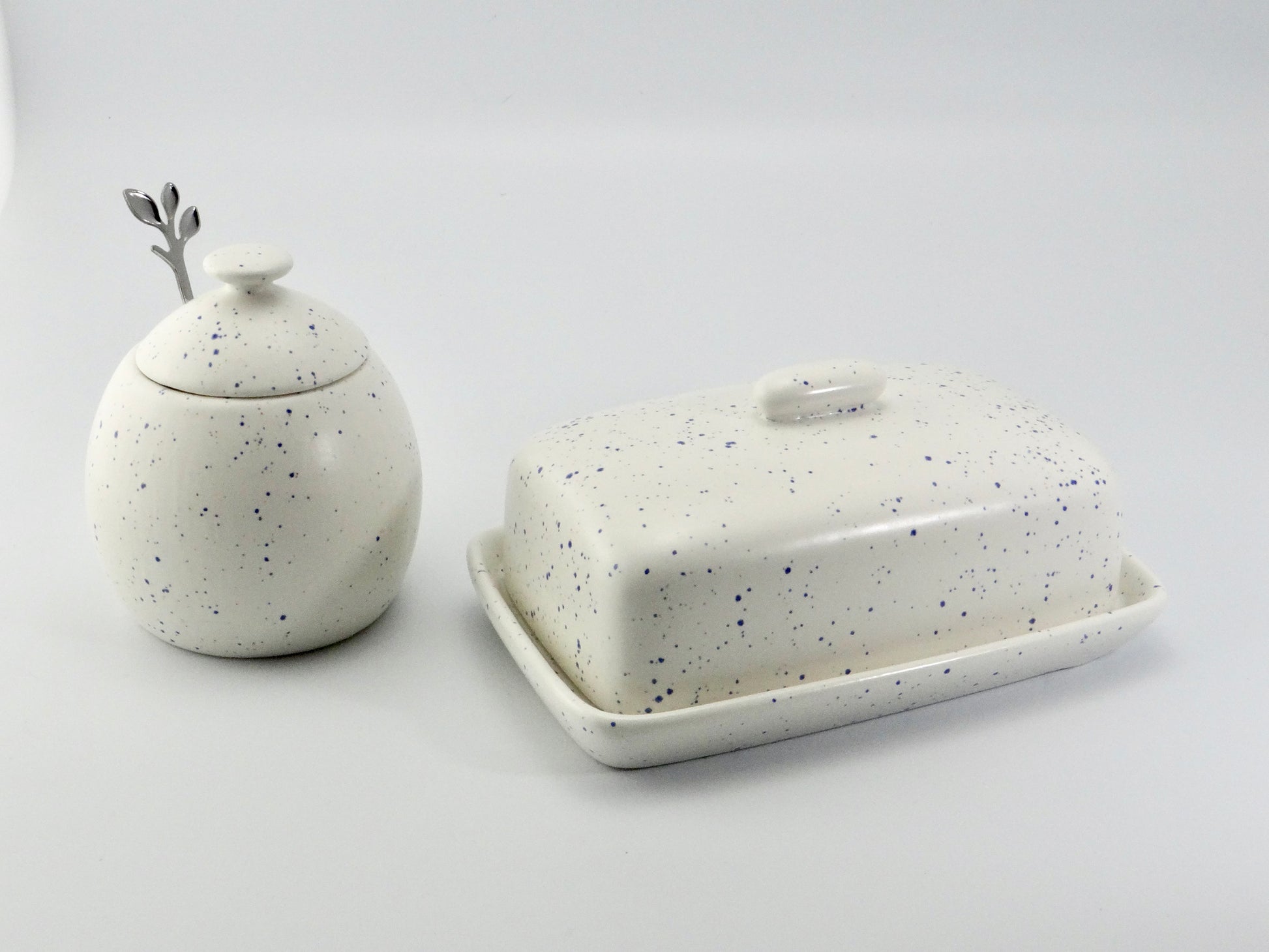Butter Dish and Sugar Bowl Set - Light Blue Speckled Glaze - PeterBowenArt