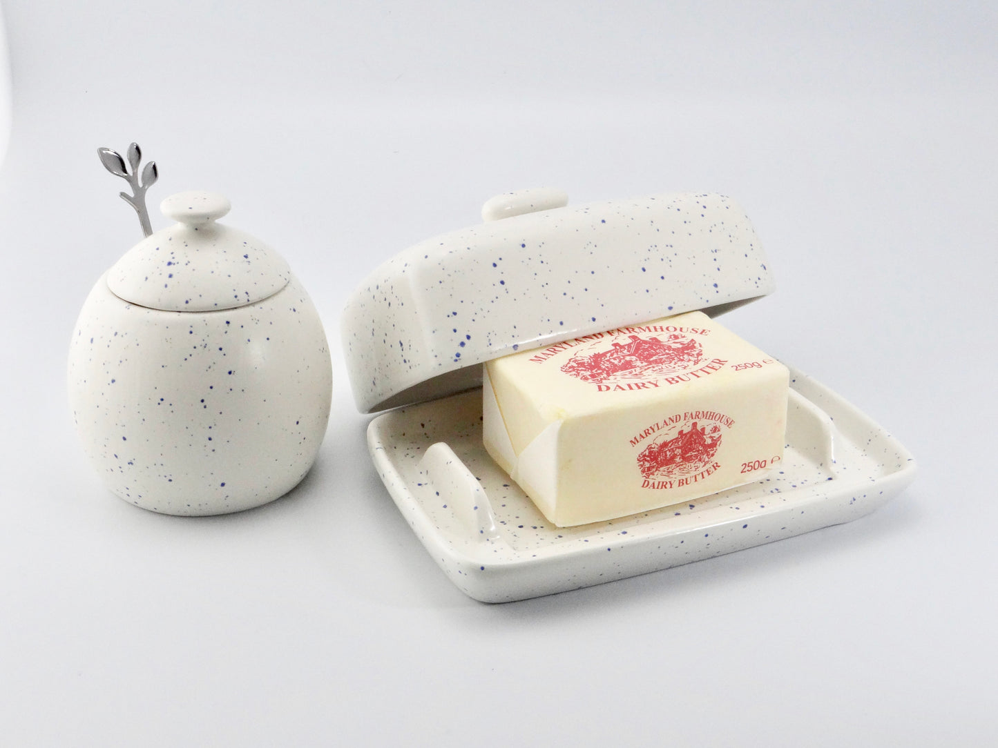 Butter Dish and Sugar Bowl Set - Light Blue Speckled Glaze - PeterBowenArt