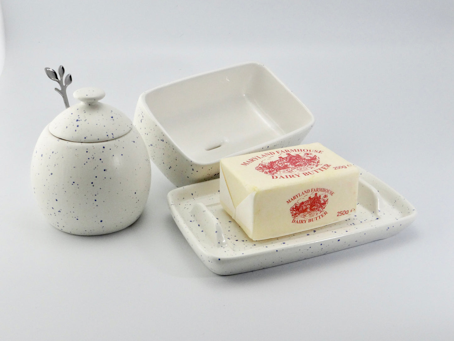 Butter Dish and Sugar Bowl Set - Light Blue Speckled Glaze - PeterBowenArt