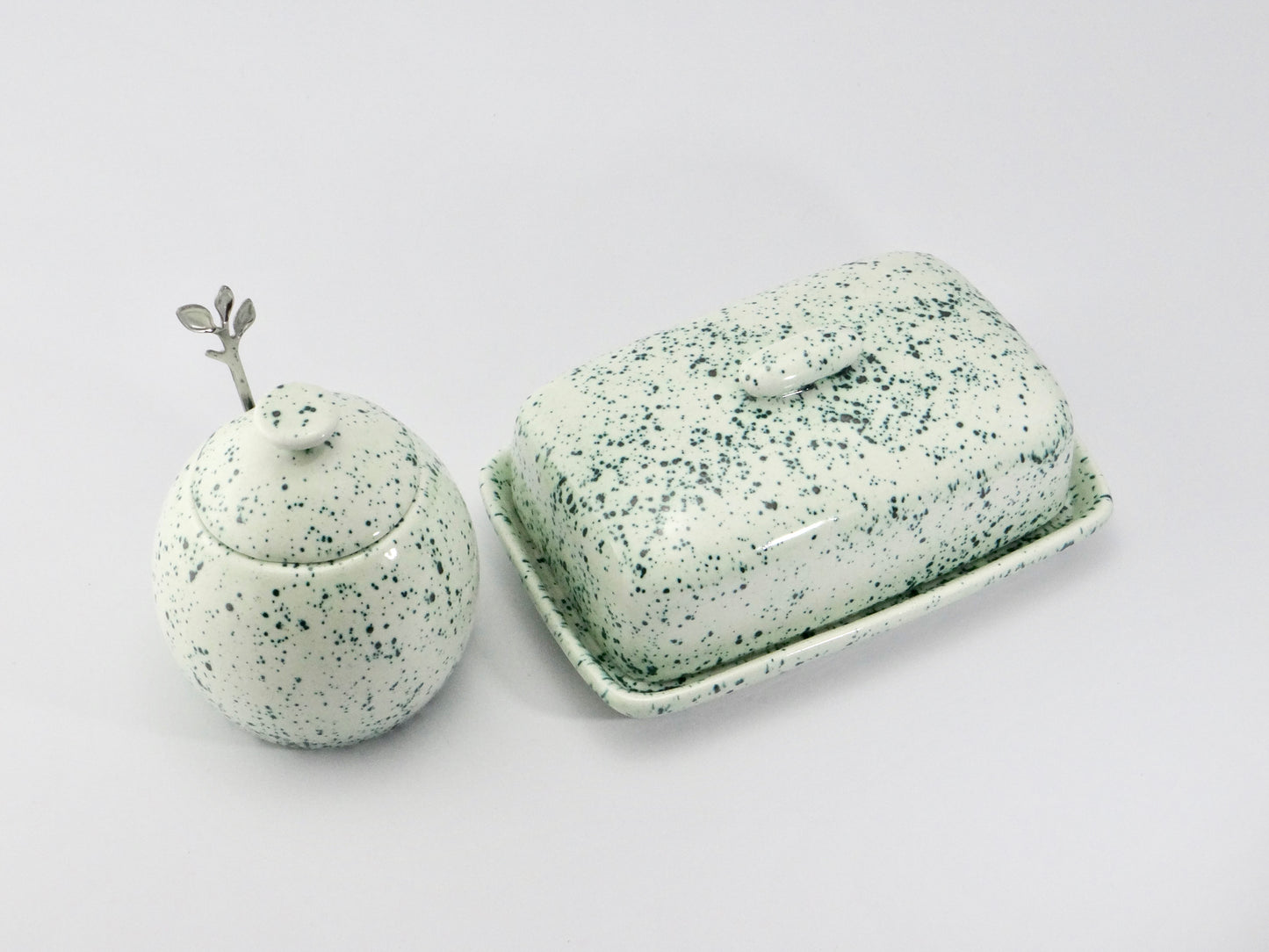 Butter Dish and Sugar Bowl Speckled Green - PeterBowenArt