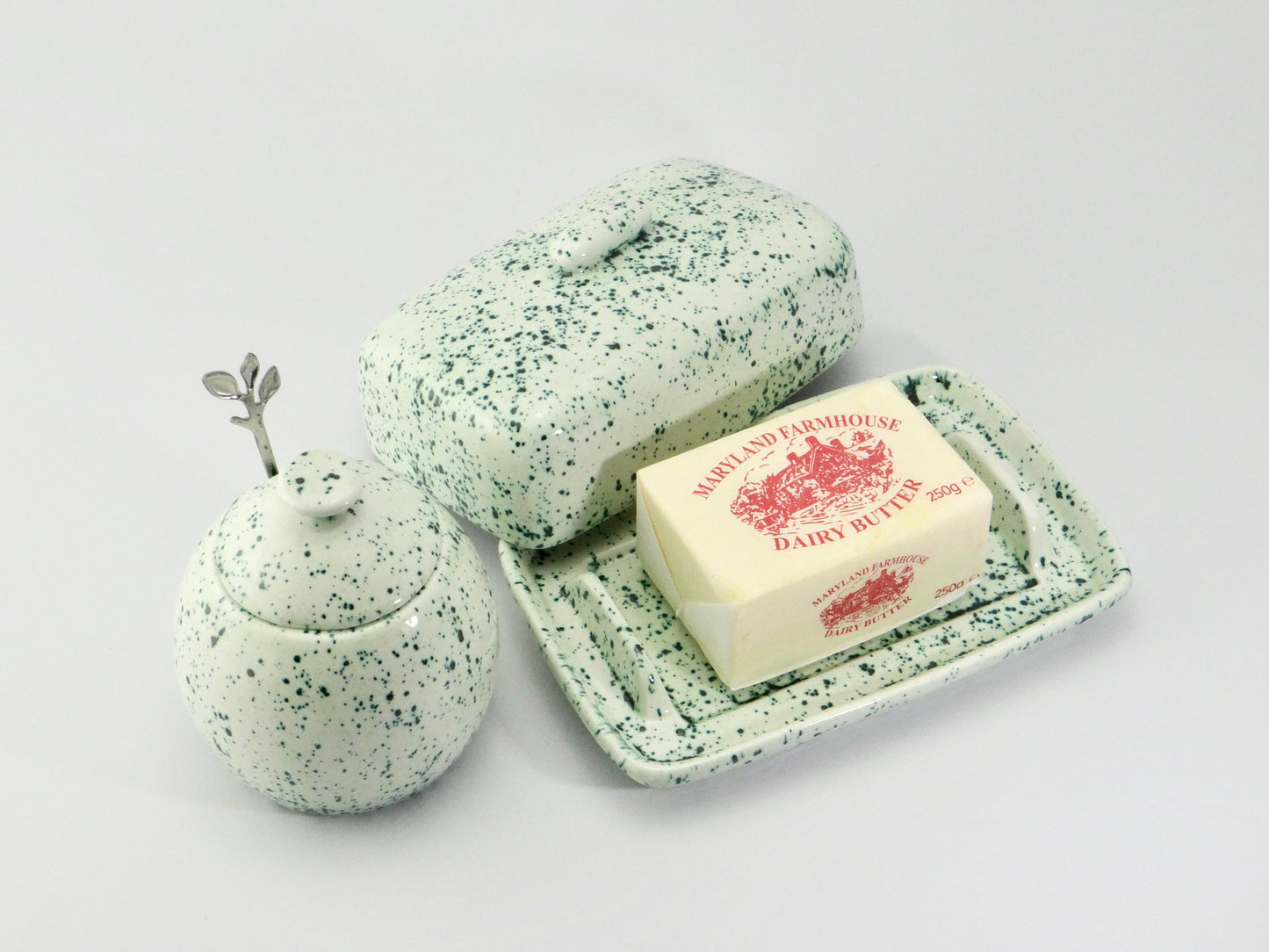 Butter Dish and Sugar Bowl Speckled Green - PeterBowenArt
