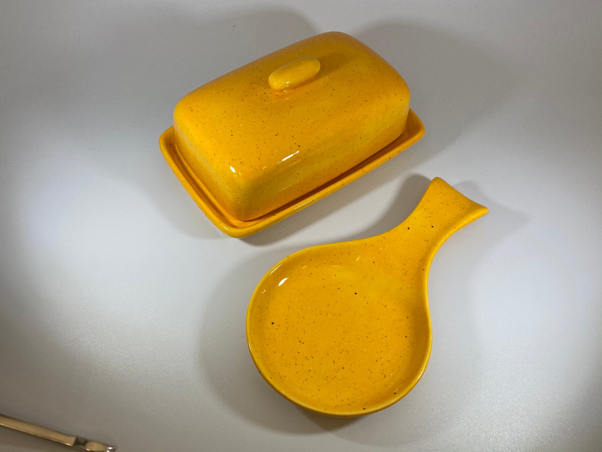 Speckled Yellow Butter Dish and Spoon Rest - PeterBowenArt