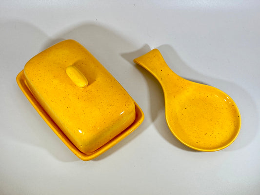 Speckled Yellow Butter Dish and Spoon Rest - PeterBowenArt