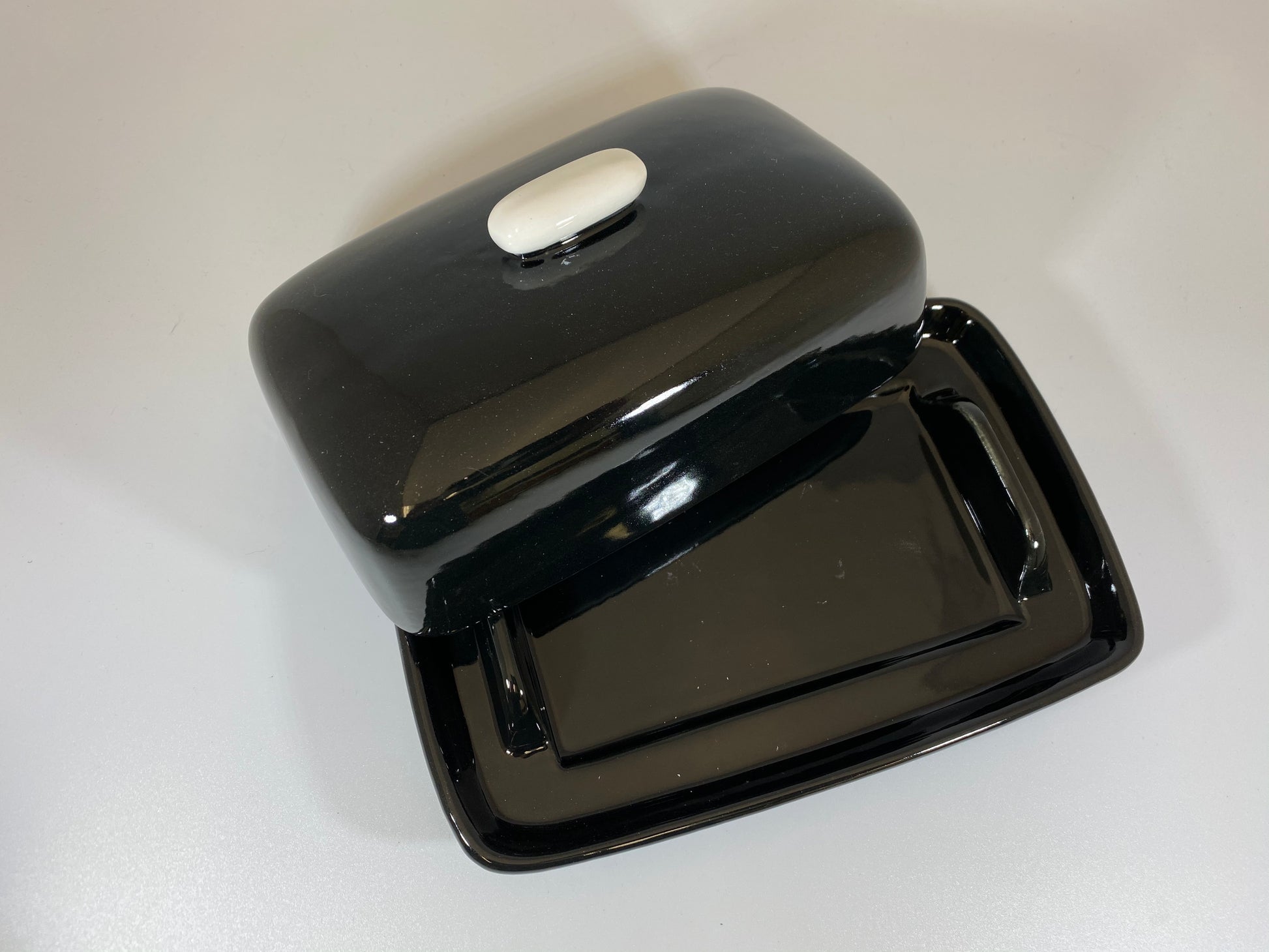 Handmade Butter Dish Jet Black Glaze with White Handle - PeterBowenArt