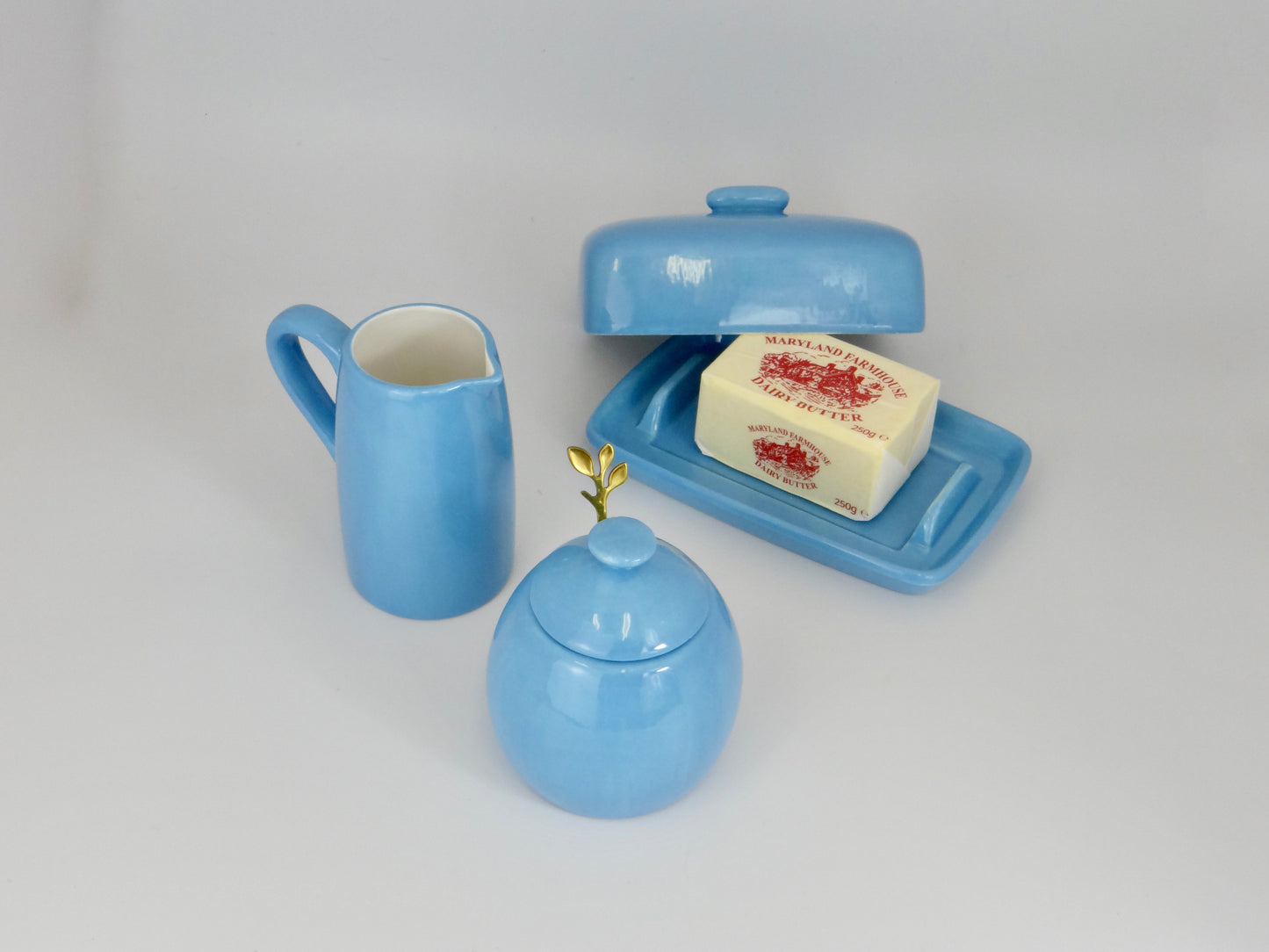 Butter Dish, Sugar Bowl, Milk Jug, Sky Blue Glaze, Peter Bowen Art