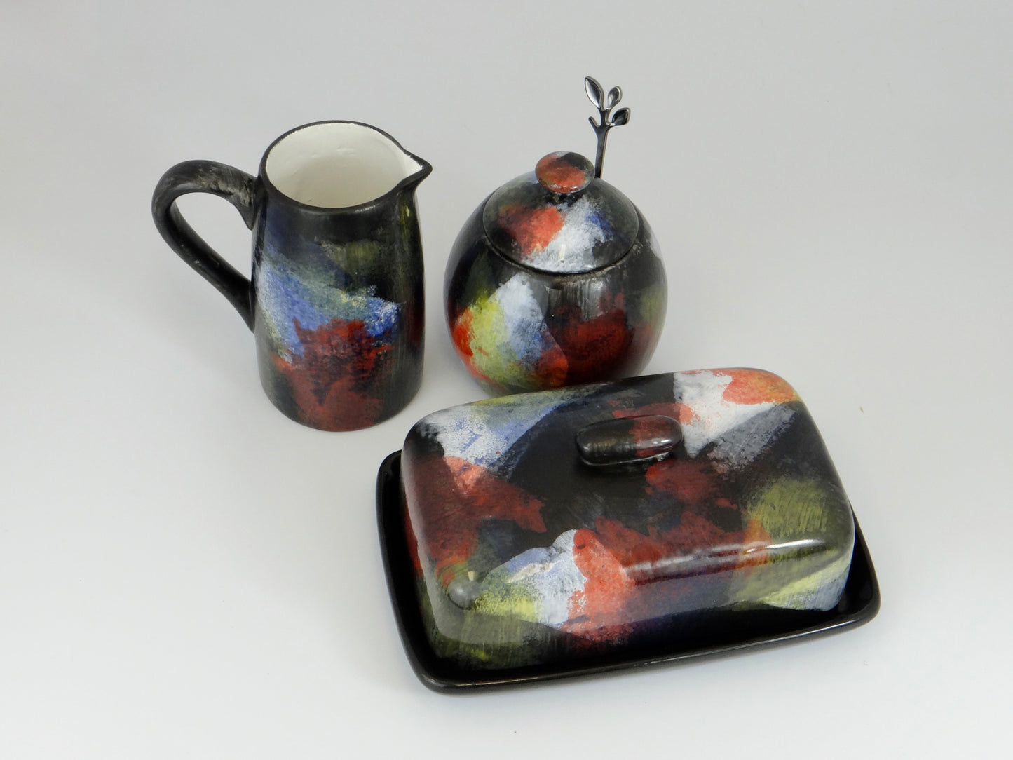 Butter Dish, Sugar Bowl and Milk Jug Set - Abstract Glaze