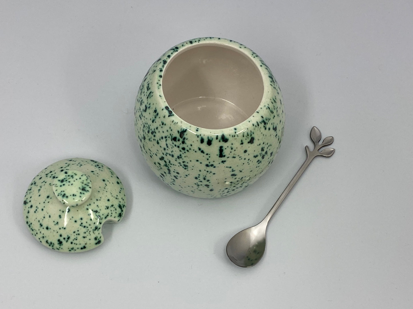 Butter Dish, Sugar Bowl, Milk Jug Set Speckled Green Glaze