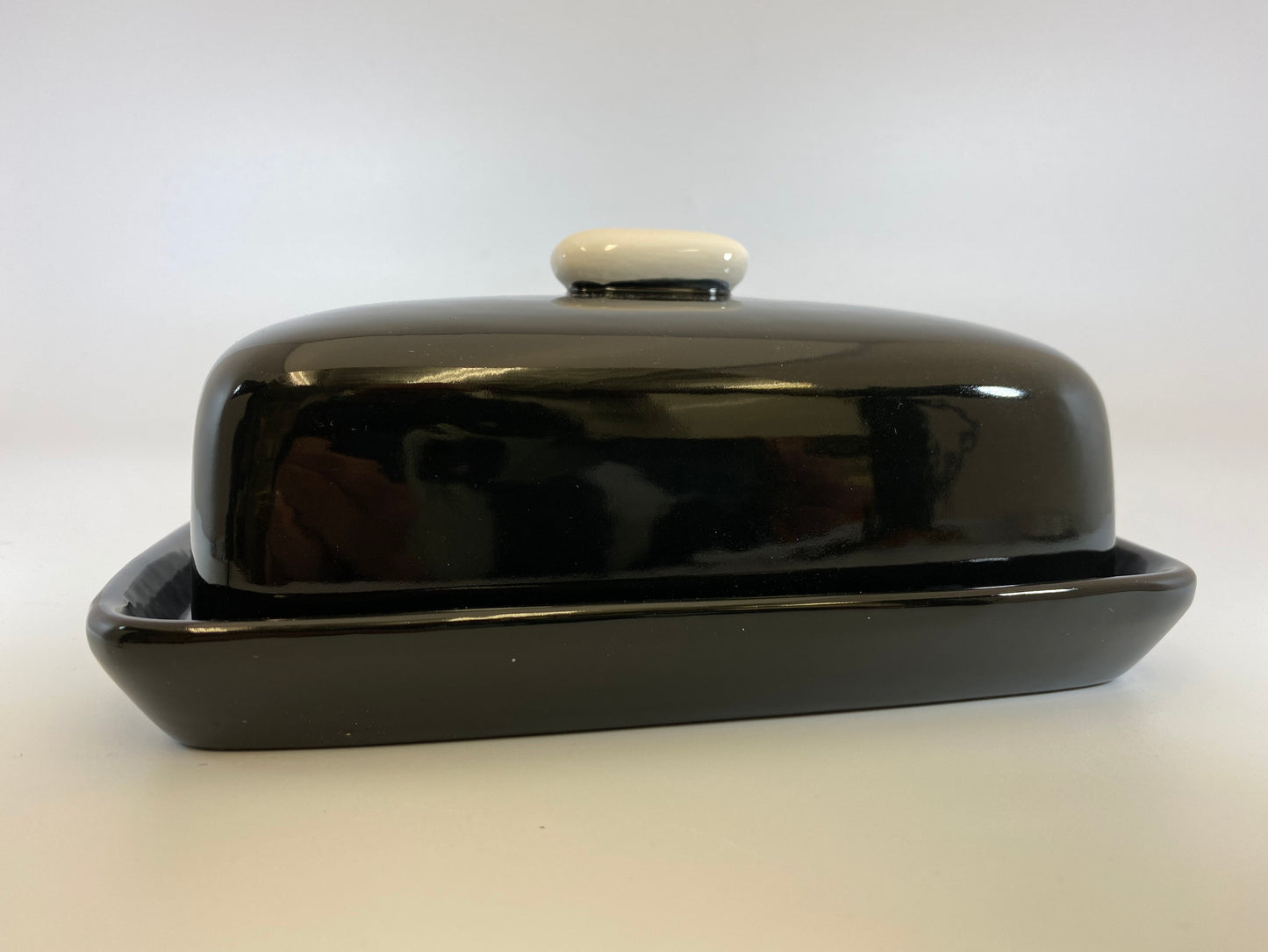 Handmade Butter Dish Jet Black Glaze with White Handle - PeterBowenArt