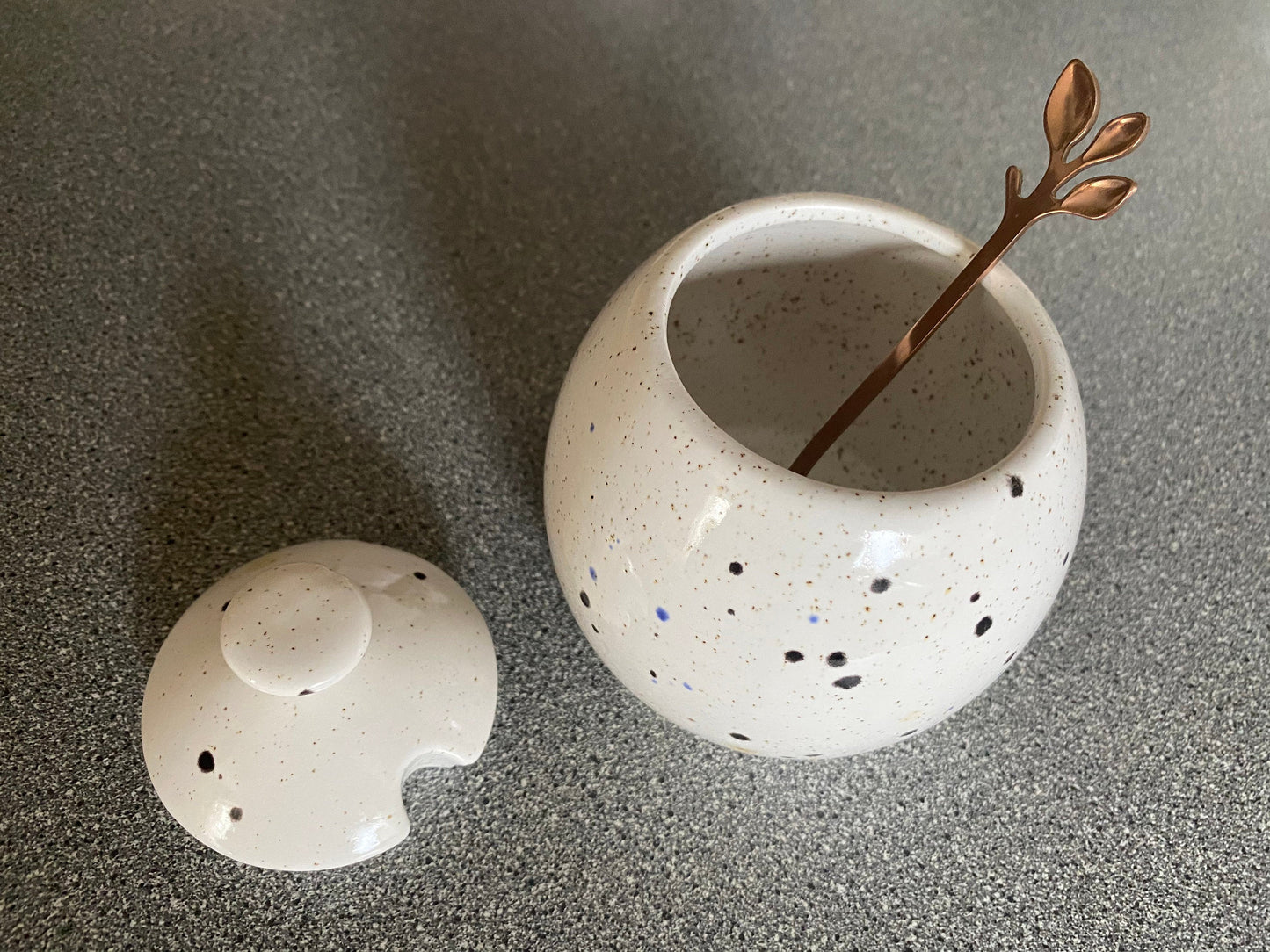 Sugar Bowl with Lid, Jam Pot, Leafy Spoon, Confetti Glaze - PeterBowenArt