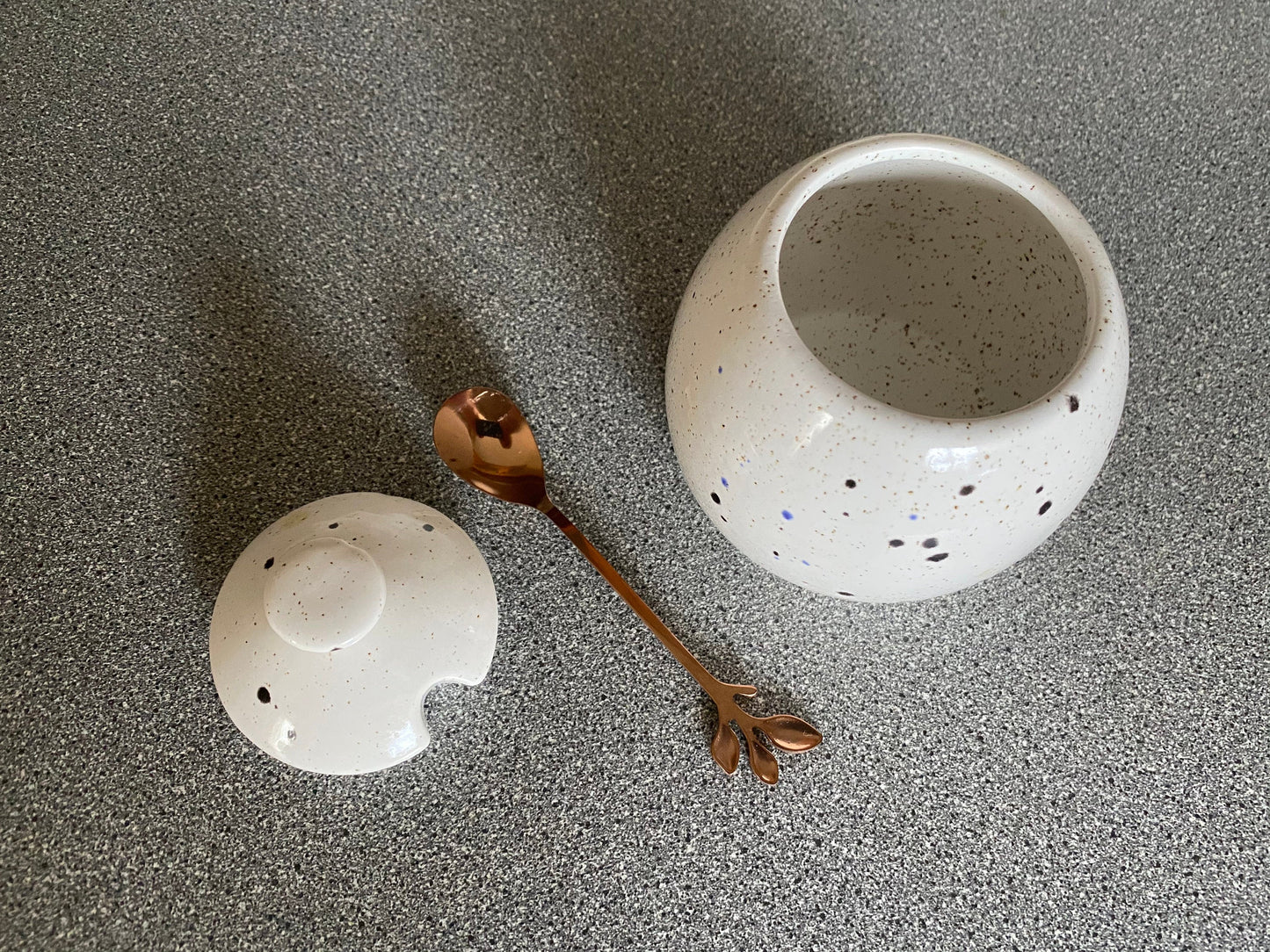 Sugar Bowl with Lid, Jam Pot, Leafy Spoon, Confetti Glaze - PeterBowenArt