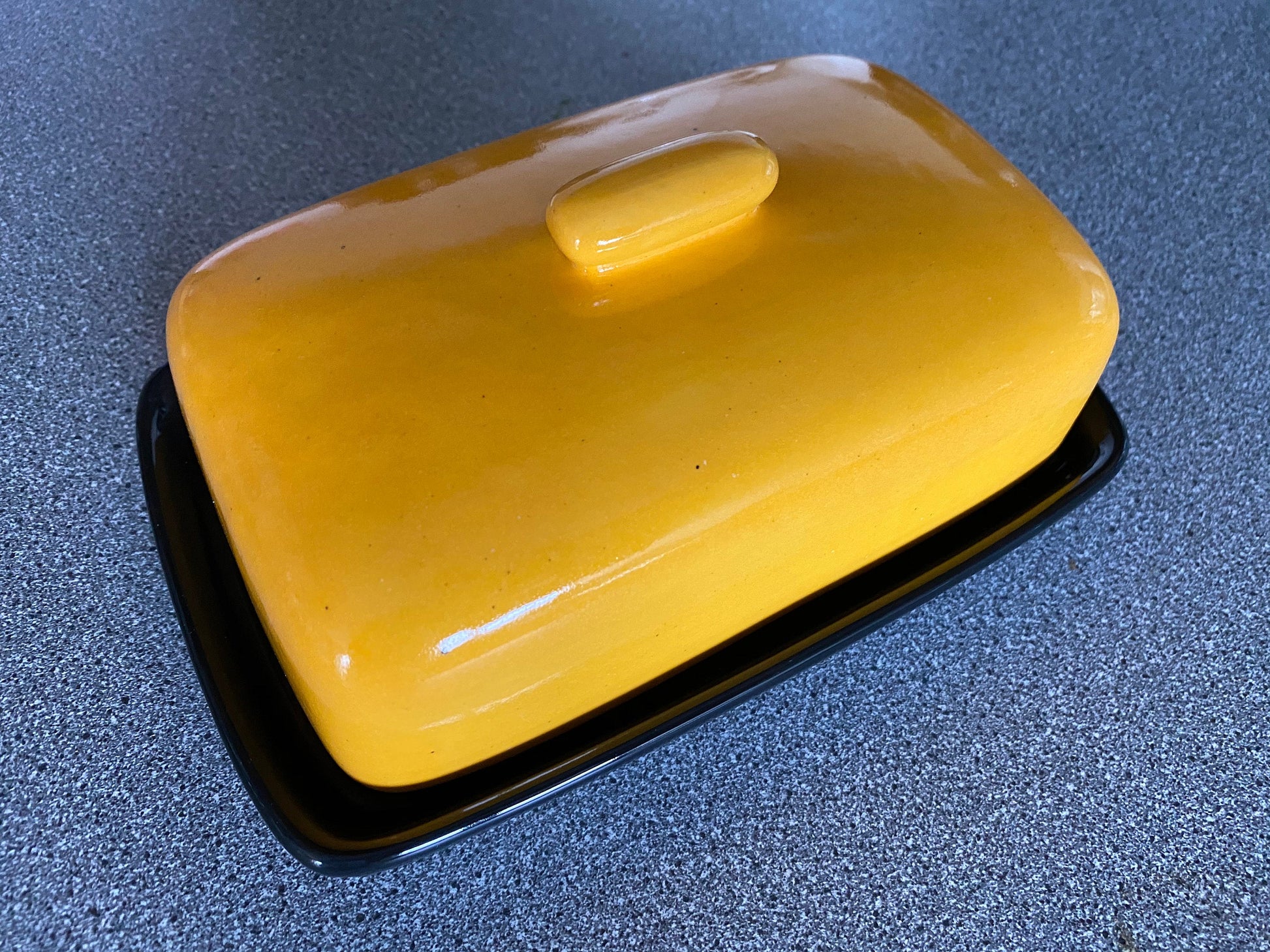 Ceramic Butter Dish with Yellow Lid and Jet Black Glossy Dish - PeterBowenArt