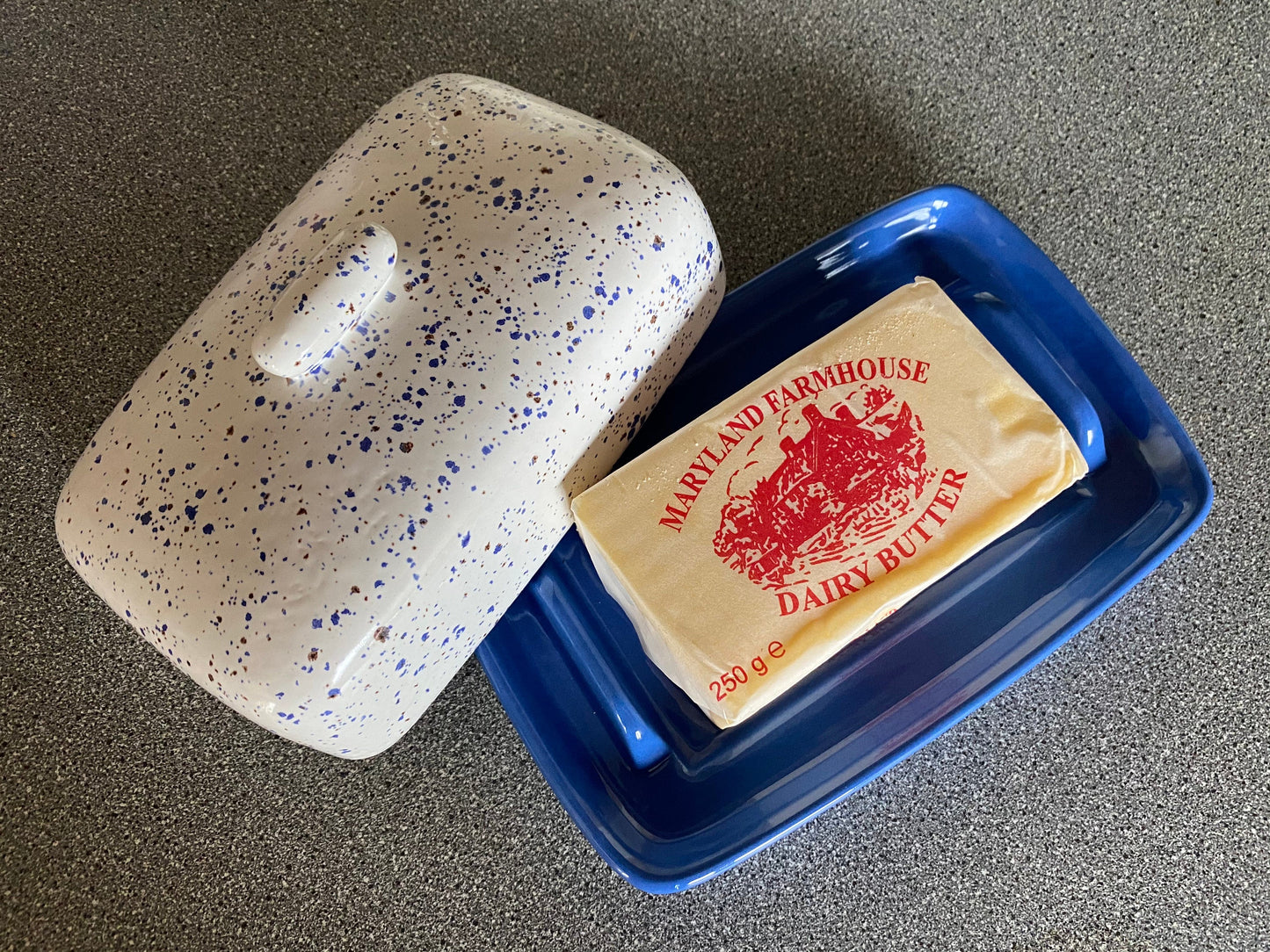 Butter Dish, Speckled Blue with Airforce Blue Dish - PeterBowenArt