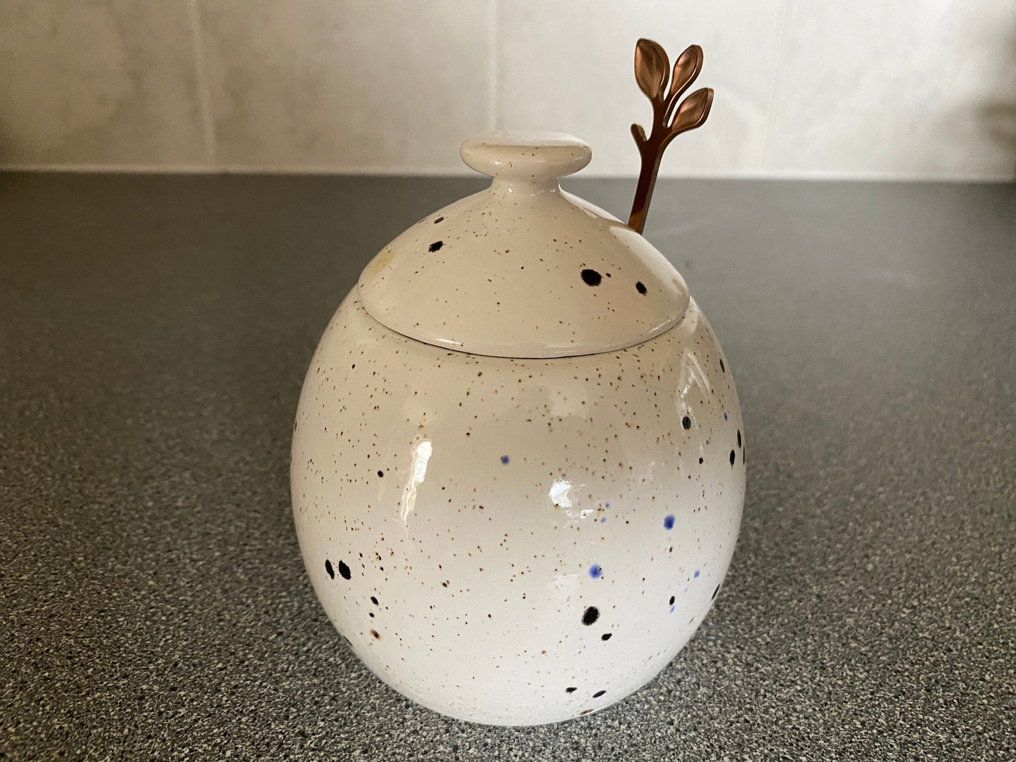 Sugar Bowl with Lid, Jam Pot, Leafy Spoon, Confetti Glaze - PeterBowenArt