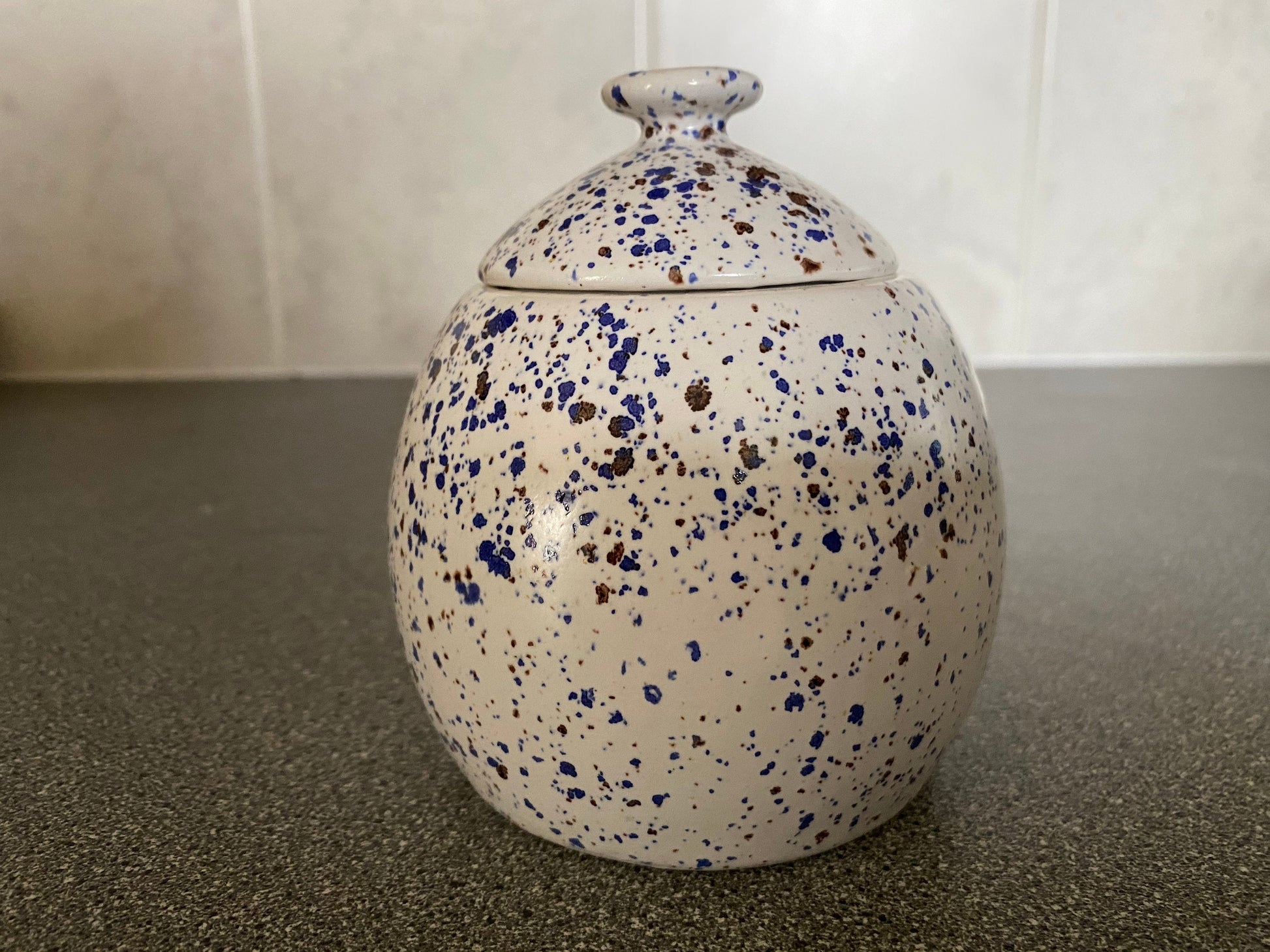 Sugar Bowl with Lid and Spoon in Speckled Blue Glaze - PeterBowenArt