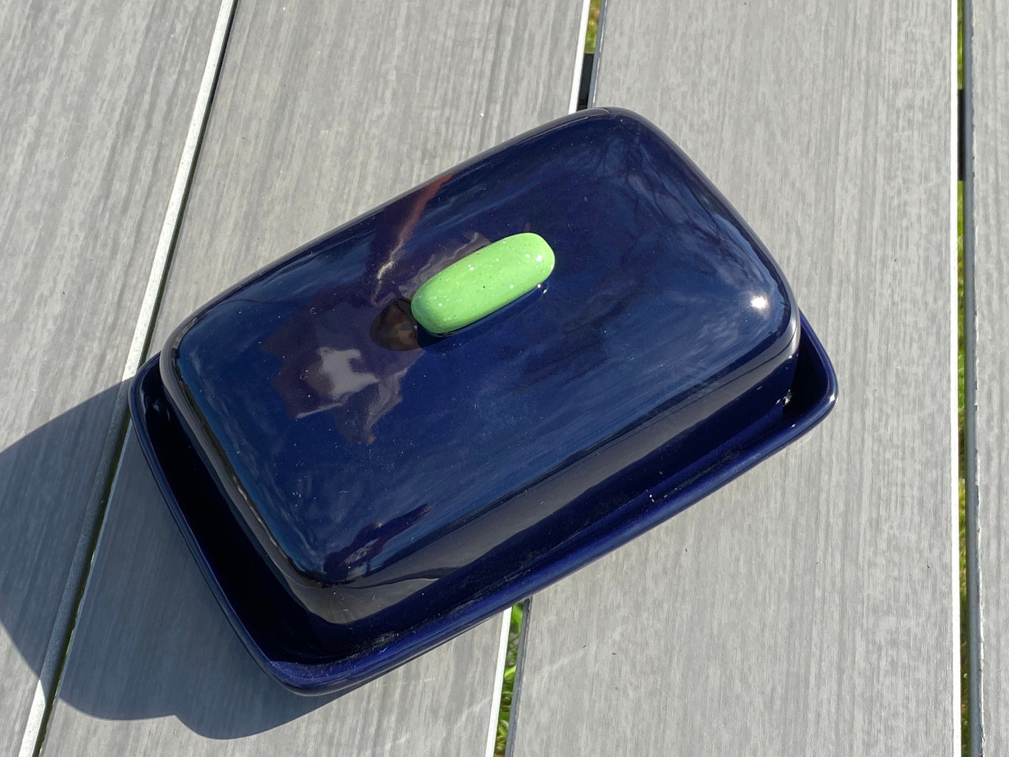 Handmade Butter Dish Dark Blue with Green Handle - PeterBowenArt