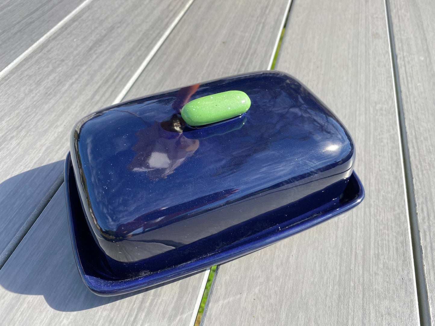 Handmade Butter Dish Dark Blue with Green Handle - PeterBowenArt