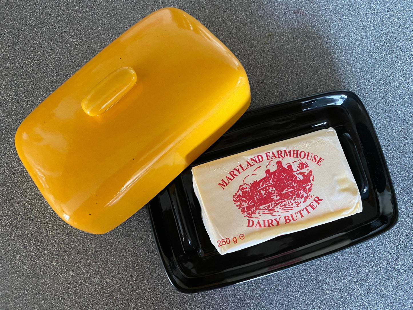 Ceramic Butter Dish with Yellow Lid and Jet Black Glossy Dish - PeterBowenArt