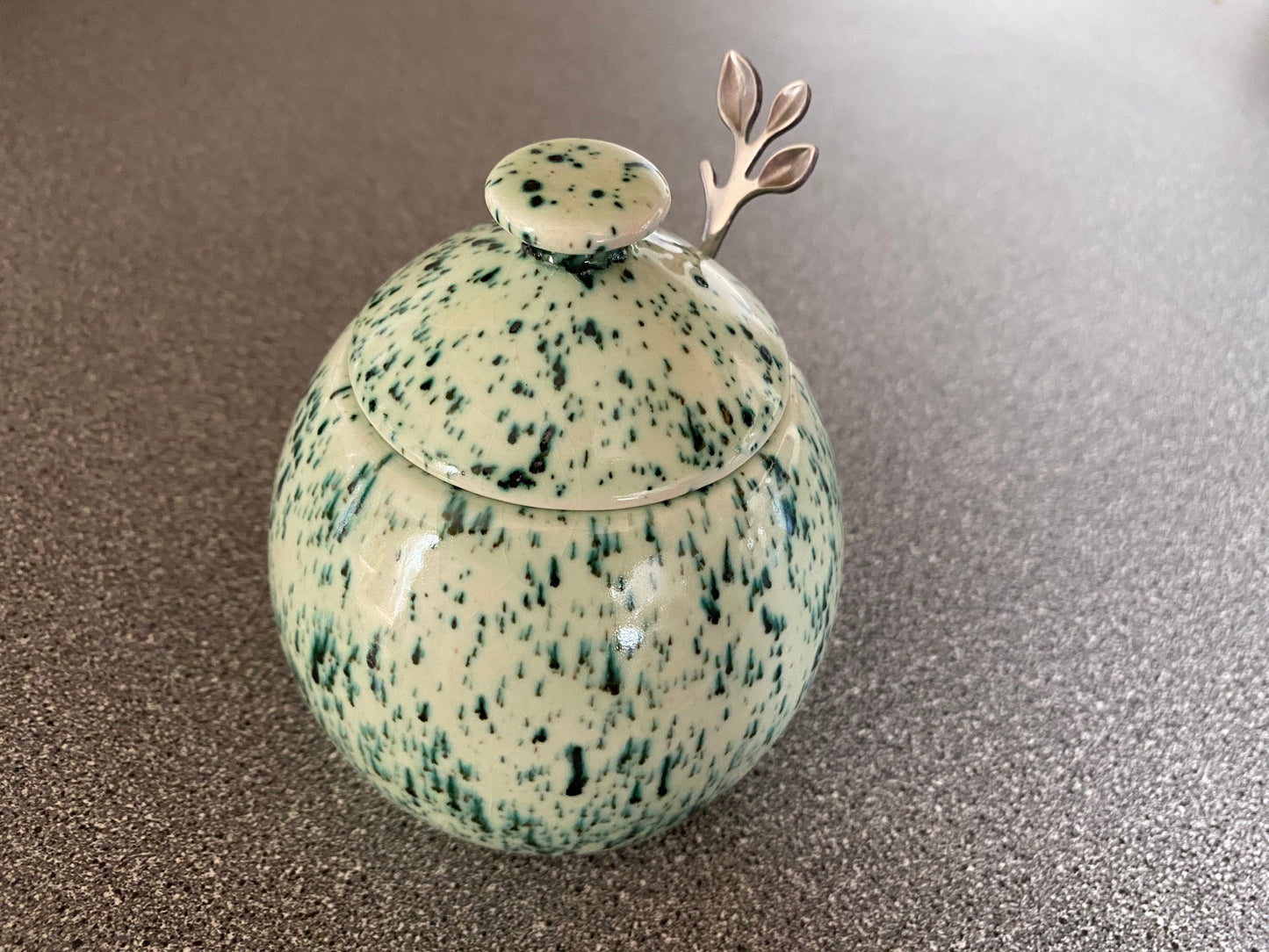 Sugar Bowl with Silver Leafy Spoon Speckled Green Glaze - PeterBowenArt