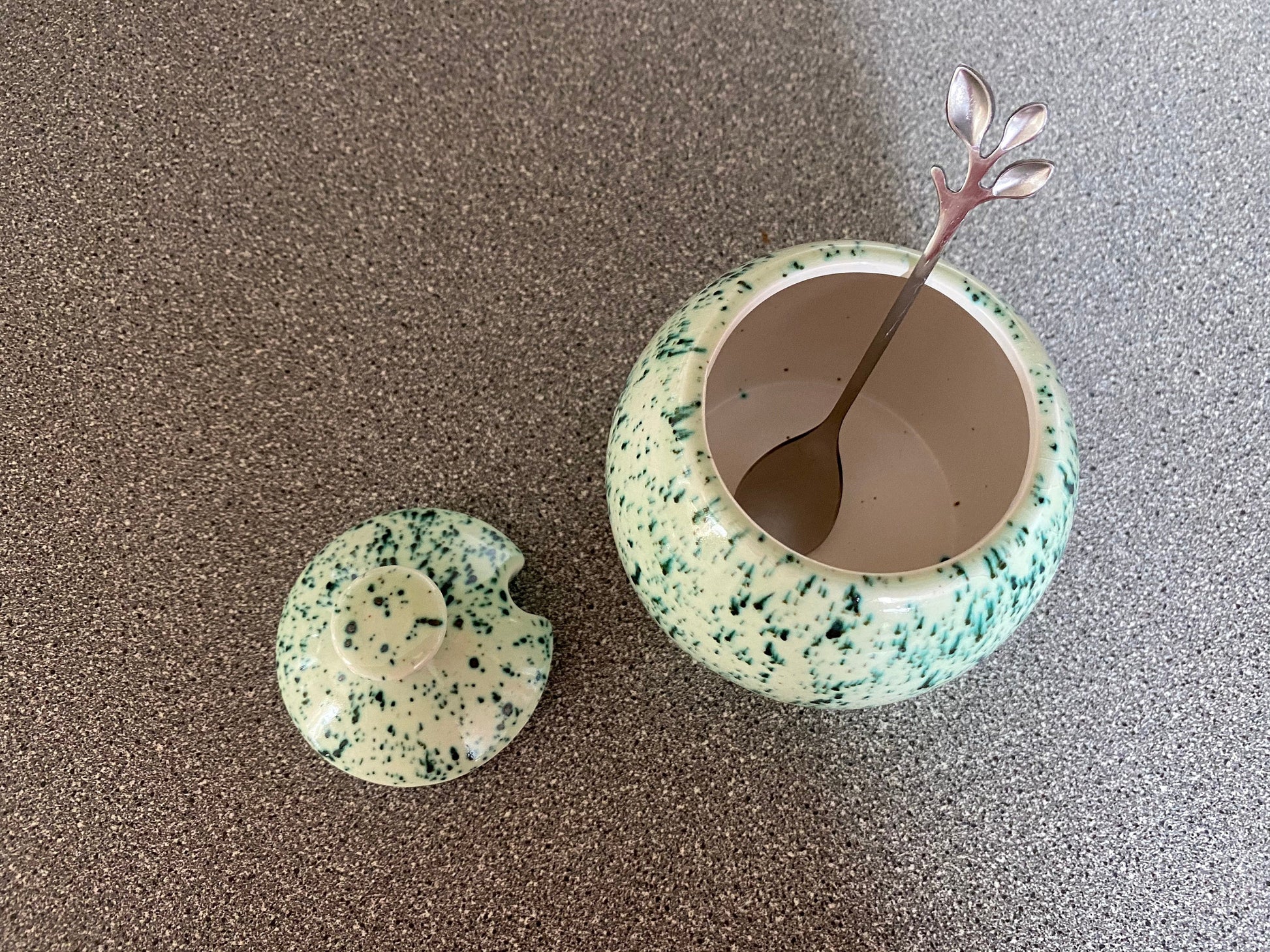 Sugar Bowl with Silver Leafy Spoon Speckled Green Glaze - PeterBowenArt