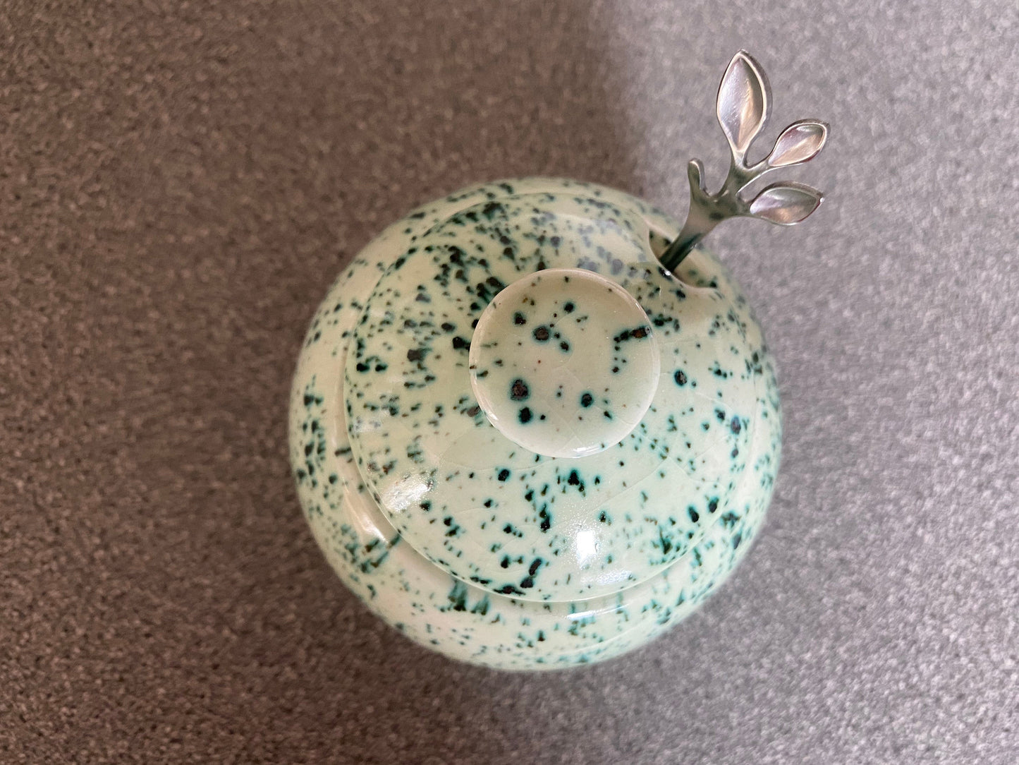 Sugar Bowl with Silver Leafy Spoon Speckled Green Glaze - PeterBowenArt