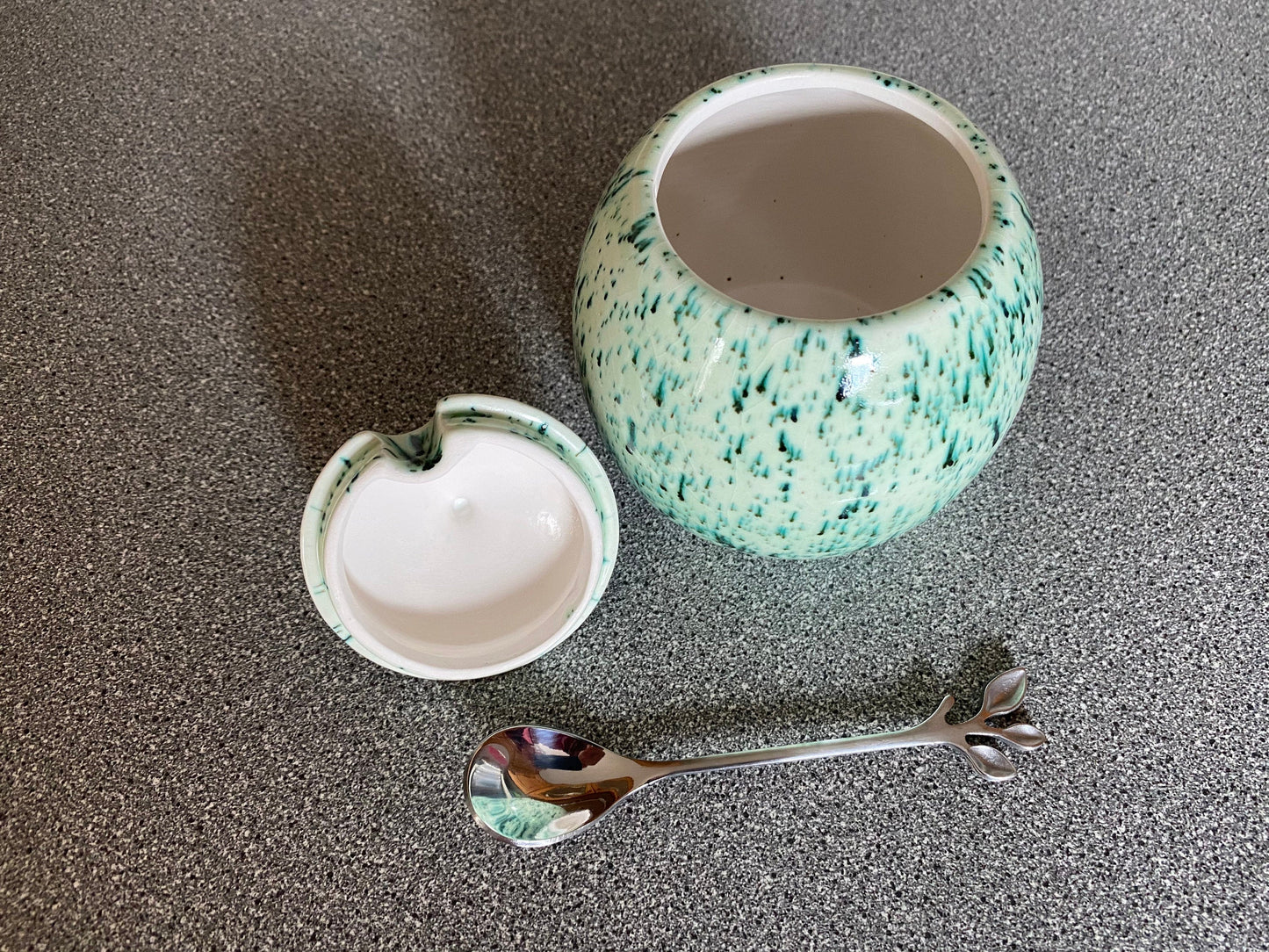 Sugar Bowl with Silver Leafy Spoon Speckled Green Glaze - PeterBowenArt