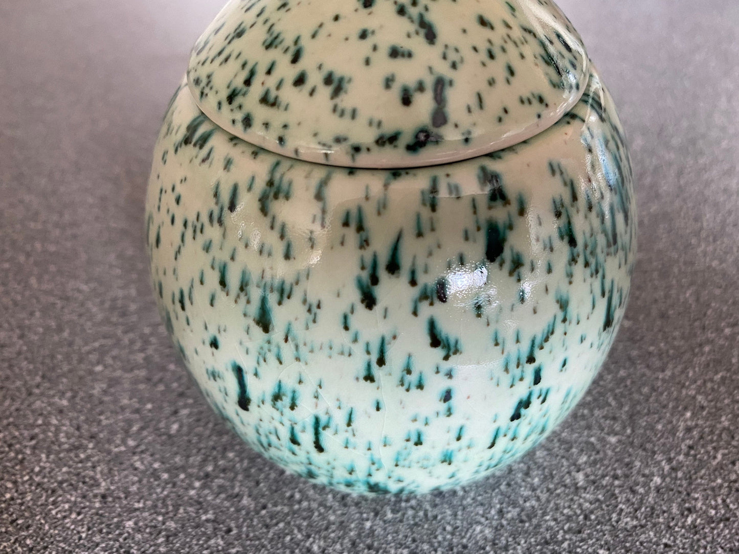 Sugar Bowl with Silver Leafy Spoon Speckled Green Glaze - PeterBowenArt