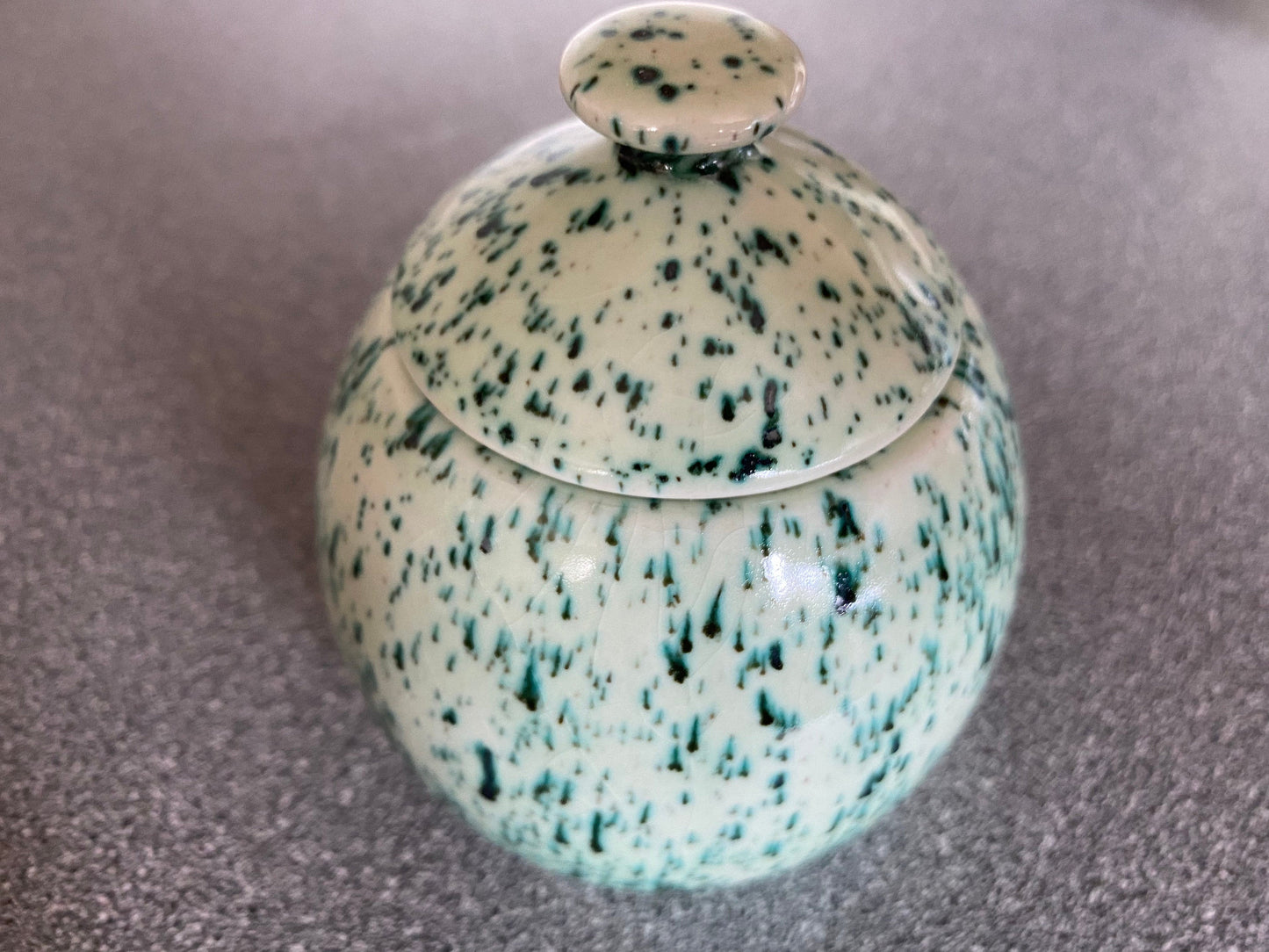 Sugar Bowl with Silver Leafy Spoon Speckled Green Glaze - PeterBowenArt