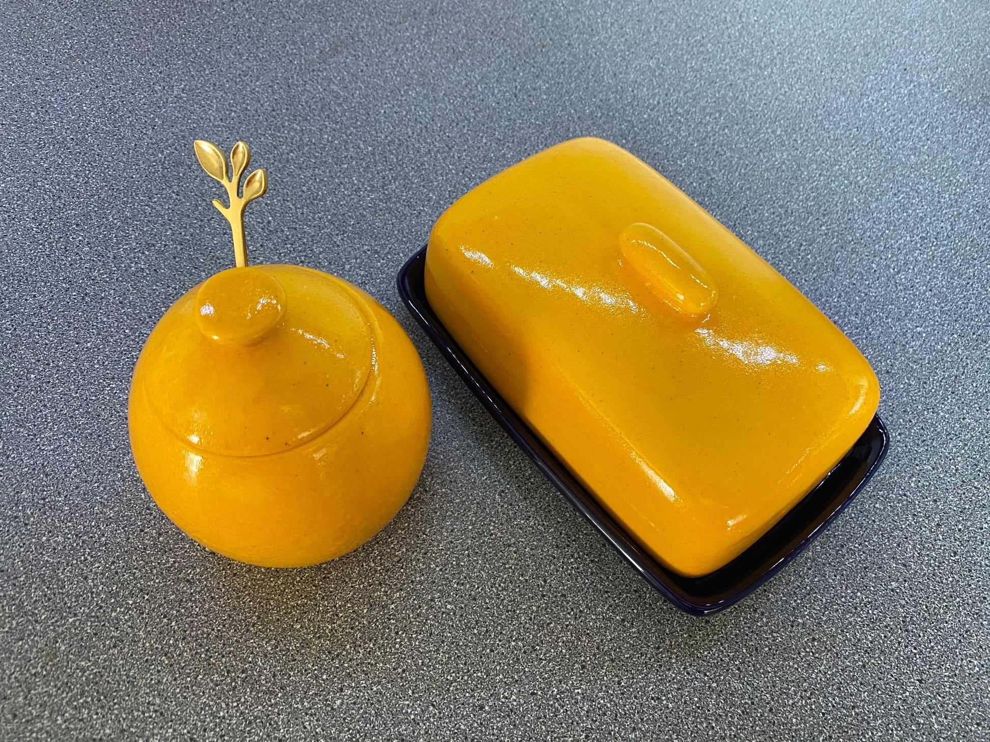 Butter Dish and Sugar Bowl Set - Yellow Speckle Glaze - PeterBowenArt