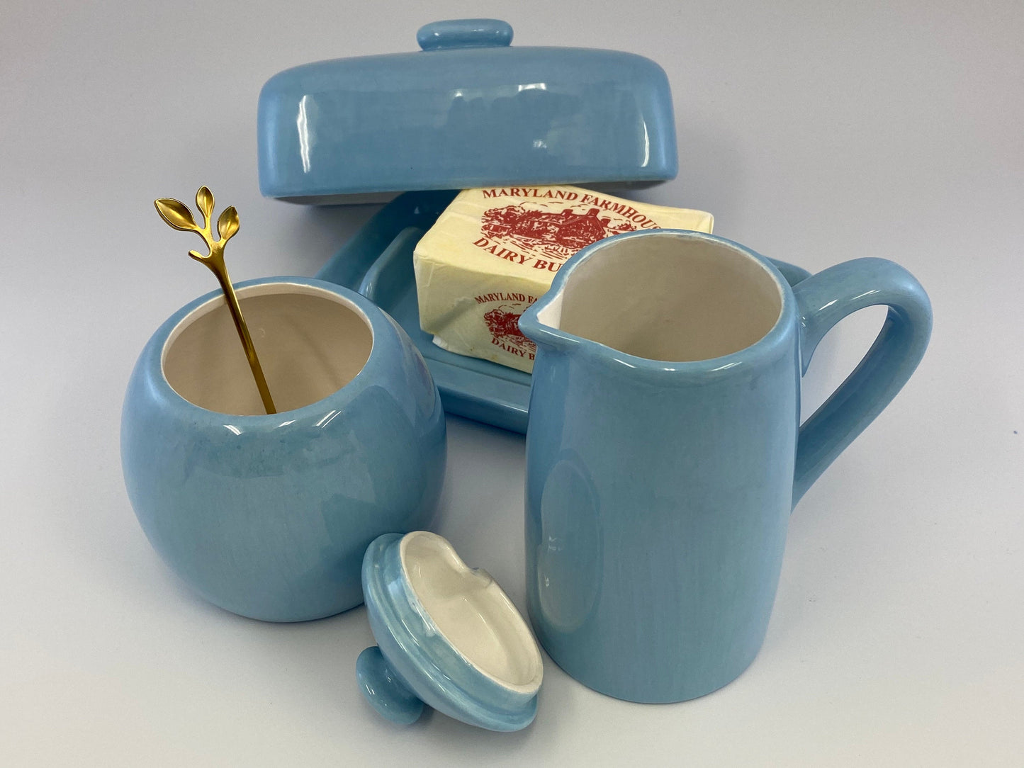 Butter Dish, Sugar Bowl and Cream Jug Set - Powder Blue - PeterBowenArt