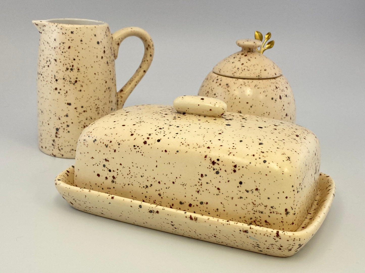 Butter Dish, Sugar Bowl and Cream Jug Set - Speckled Honey - PeterBowenArt