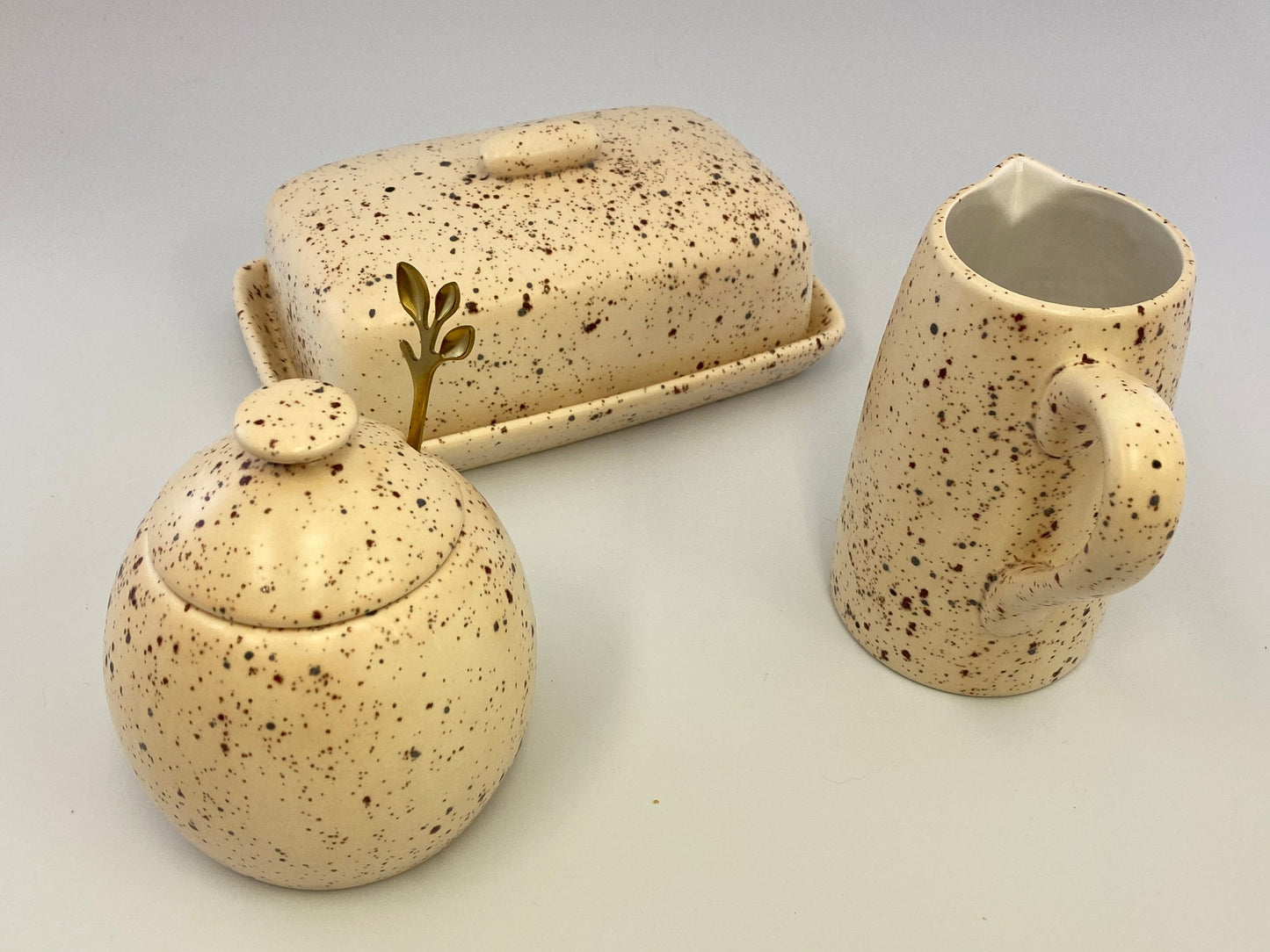 Butter Dish, Sugar Bowl and Cream Jug Set - Speckled Honey - PeterBowenArt