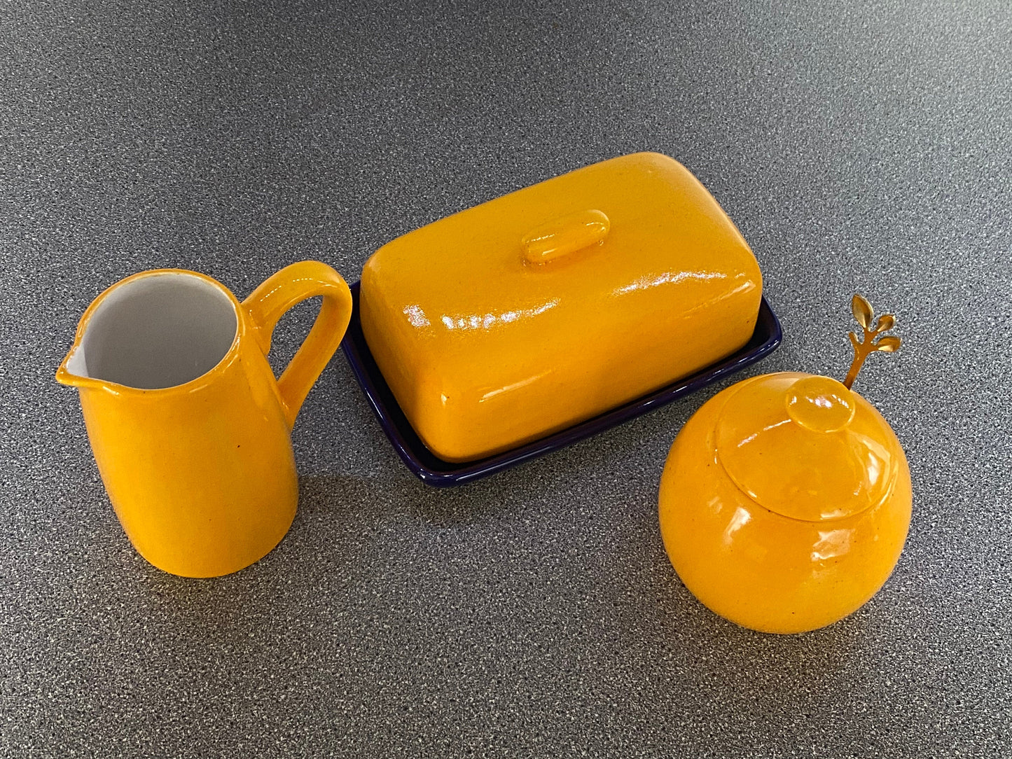 Butter Dish, Sugar Bowl and Cream Jug Set - Speckled Yellow - PeterBowenArt