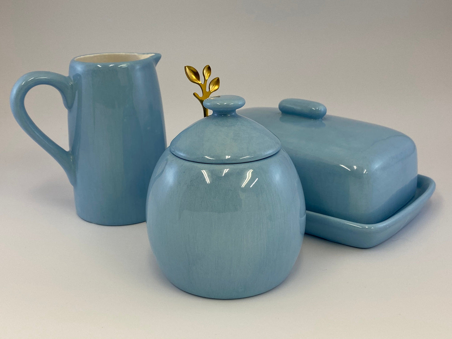 Butter Dish, Sugar Bowl and Cream Jug Set - Powder Blue - PeterBowenArt