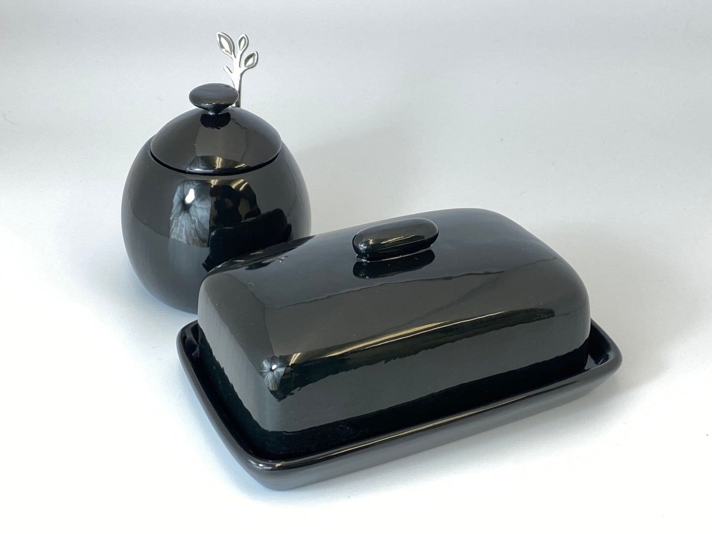 Butter Dish and Sugar Bowl Set - Jet Black Glaze - PeterBowenArt