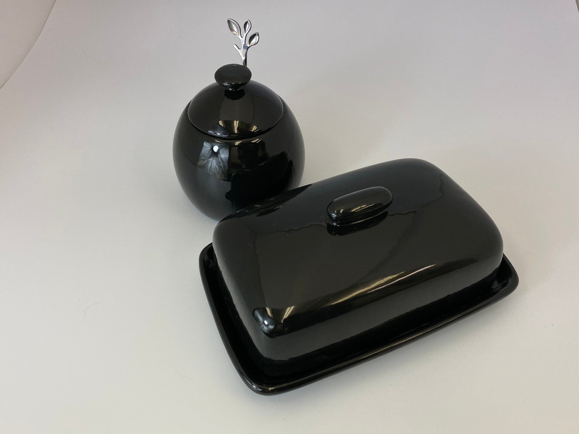 Butter Dish and Sugar Bowl Set - Jet Black Glaze - PeterBowenArt
