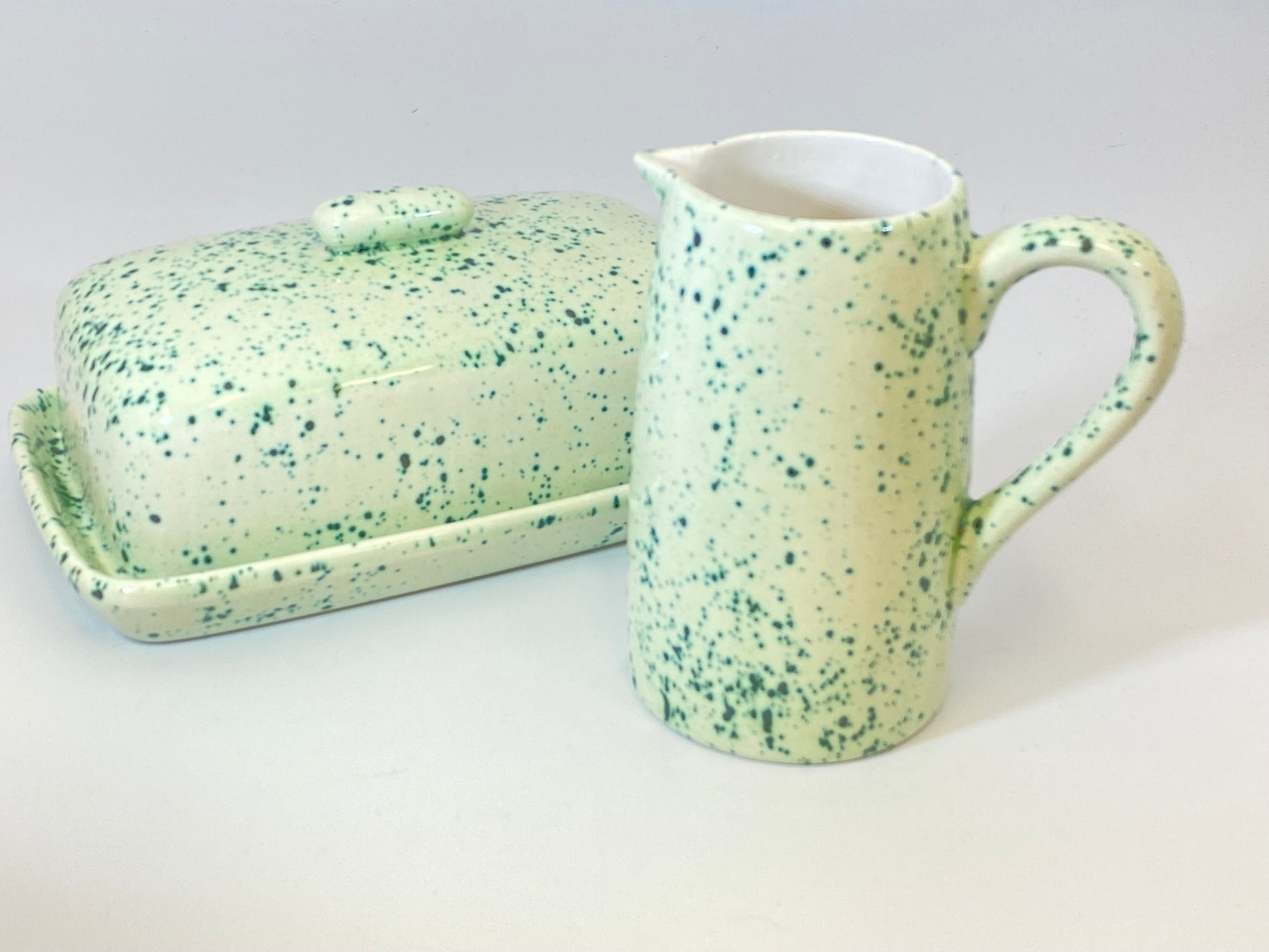Butter Dish and Milk Jug Speckled Green Glaze - PeterBowenArt